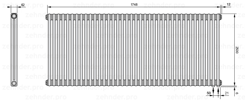 Схема (чертеж) Радиатор Zehnder Charleston 2250/38 №5510 Белый глянцевый RAL 9016